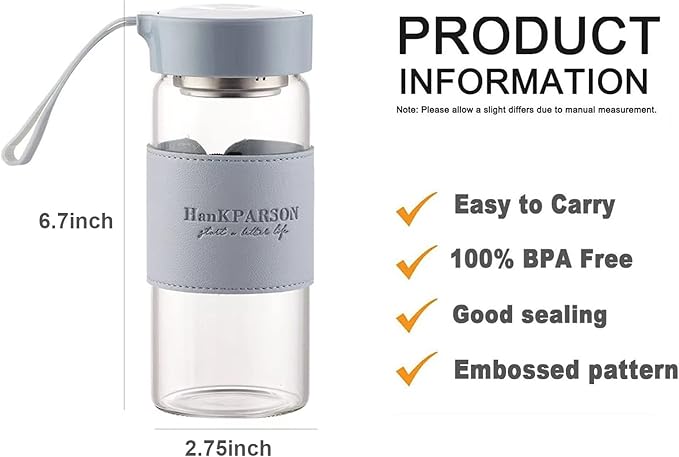 Glass Water Bottles 16 Oz Borosilicate water bottle-with sealing cap and Holsters and filters - BPA free,Men and Women Portable Glass Bottle (Blue)