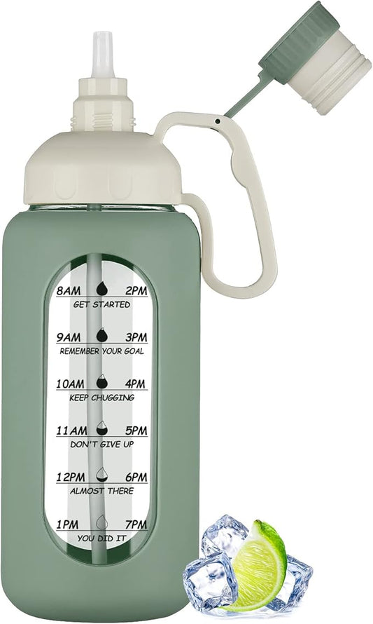MUKOKO 64oz Glass Water Bottles with Straw, Half Gallon Water Bottle with Time Marker, Motivational Water Bottle with Silicone Sleeves,Large Glass Water Bottle for Gym,Working,Outdoor,Olive