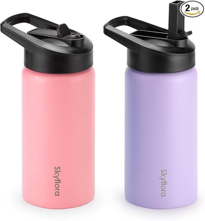 Kids Water Bottle with Straw 2 Pack, 16oz Water Bottles Bulk, Single Wall 18/8 Stainless Steel, Dishwasher Safe & Leakproof, Reusable Gift for Girls Boys to School Sports Travel Camping, Pink & Purple