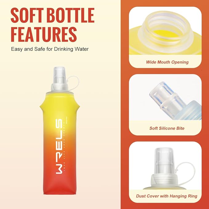 Collapsible TPU Soft Flask,Reusable Handheld Soft Water Bottle for Hydration Pack,BPA Free Gradient Folding Water Flask for Running Cycling Climbing (Yellow&Orange-250ml*2)