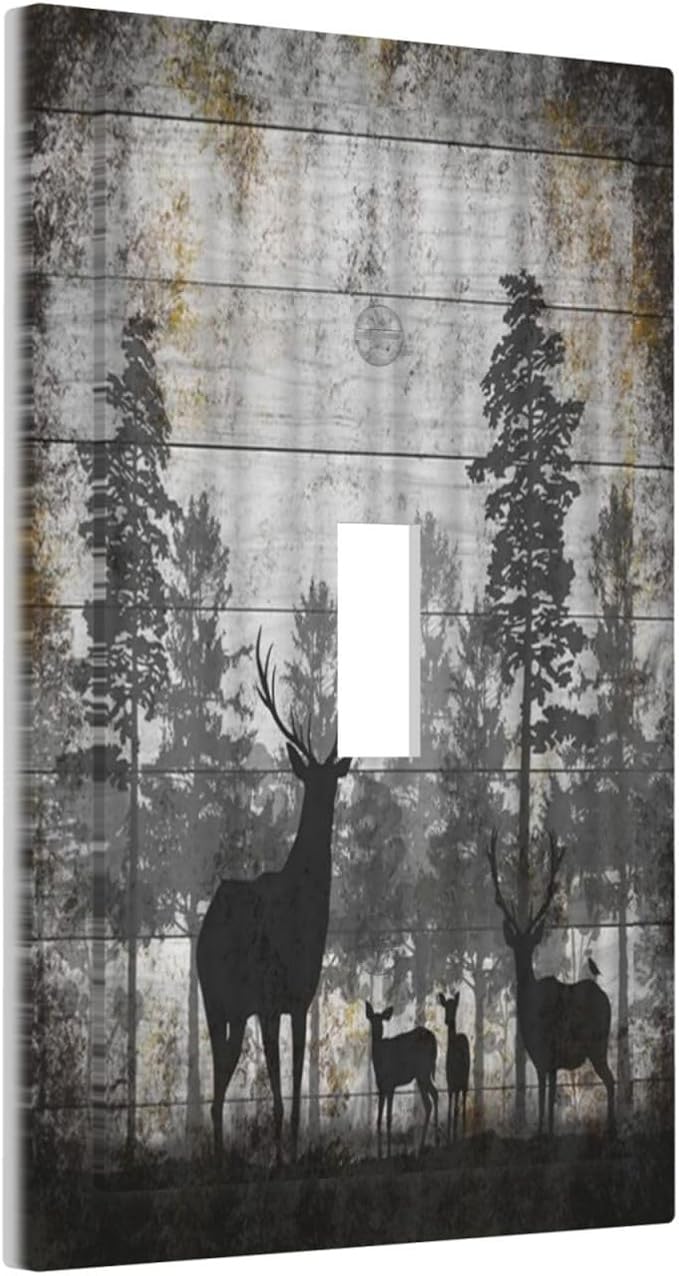 Rustic Deer Forest Vintage Wood Board 1 Gang Boho Light Switch Covers Decorative Country Unique Single Toggle Wall Plate Switchcover Electrical Switchplate for Farmhouse Cabin Decor