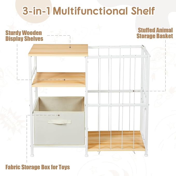 Stuffed Animal Storage, Kids Toy Storage Organizer with Toy Box for Boys Girls Kids Toddlers Baby, Stuff Animal Organizer with Elastic Cord for Playroom Living Room and Kids Room Organization