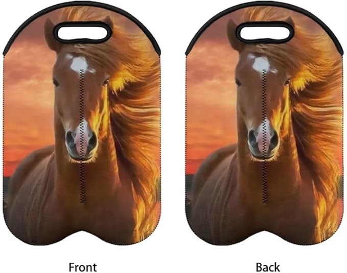 doginthehole 2 Bottle Wine Carrier Tote Horse Sunset Print Insulated Wine Cooler Bag Soft Portable Wine Bottle Carrier Neoprene Wine Tote Holder Insulated Cooler Protector Sleeve