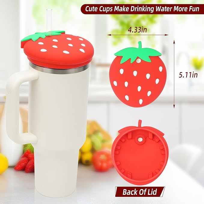 Stanley Cup 40 Oz Lid Anti-scratch Protective Case with Strawberry Design, Silicone Dustproof Lid Toppers for Stanley 40 Oz Tumbler, Stanley Cup Cute Accessories Decorations