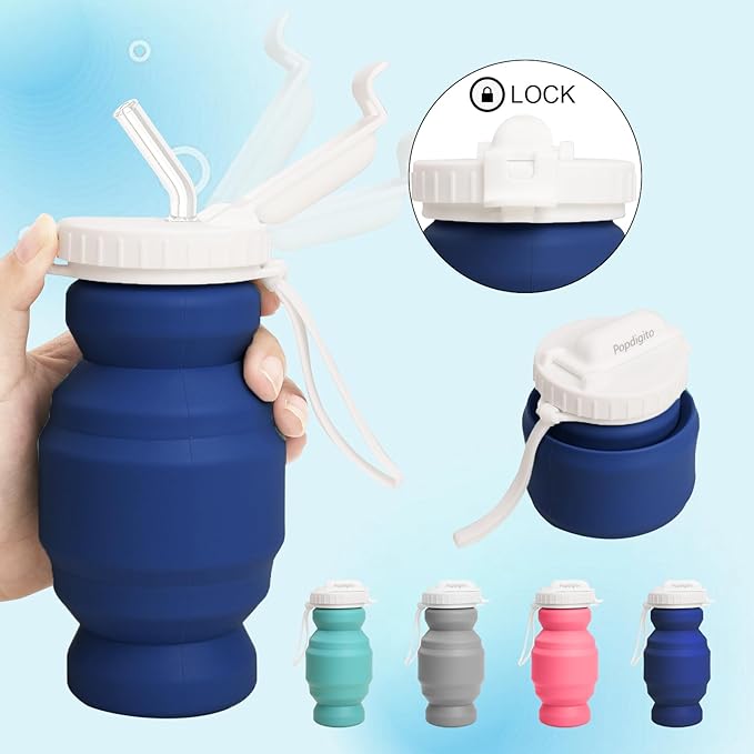 Collapsible Water Bottles 20.7oz Leakproof with Straw Lid Food-Grade BPA-Free Silicone Travel Foldable Water Bottles for Sports Office Gym Hiking Driving 610ML (navy blue little 320ml)