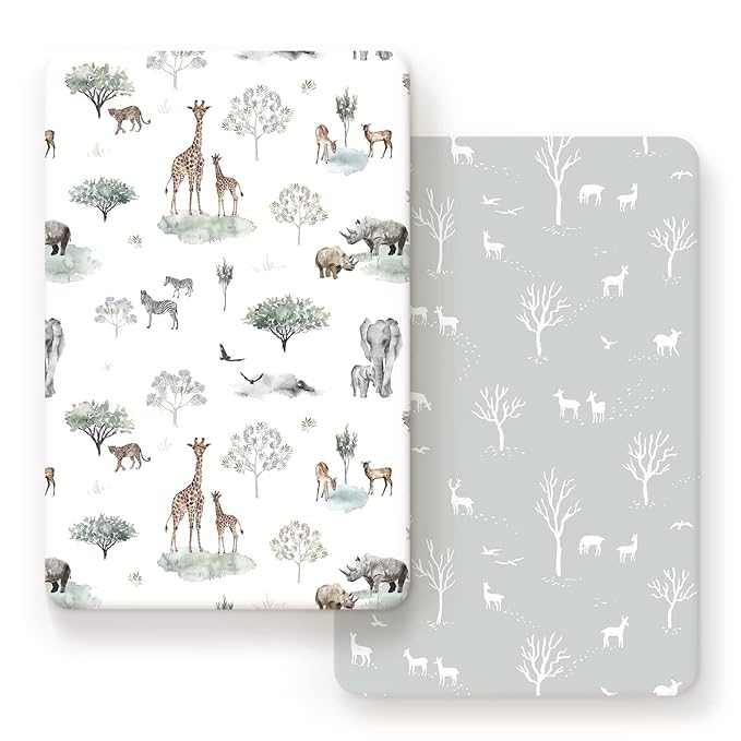 Stretch Ultra Soft Jersey Knit Fitted Pack n Play Sheets Set 2 Pack, Portable/Mini Crib Sheets for Boys and Girls, Pretty African Savannah Animals Pattern
