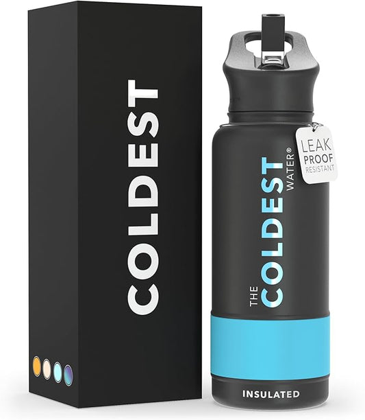 Coldest Sports Water Bottle with Straw Lid Vacuum Insulated Stainless Steel Metal Thermos Bottles Reusable Leak Proof Flask for Sports Gym (Matte Black, 32 oz)