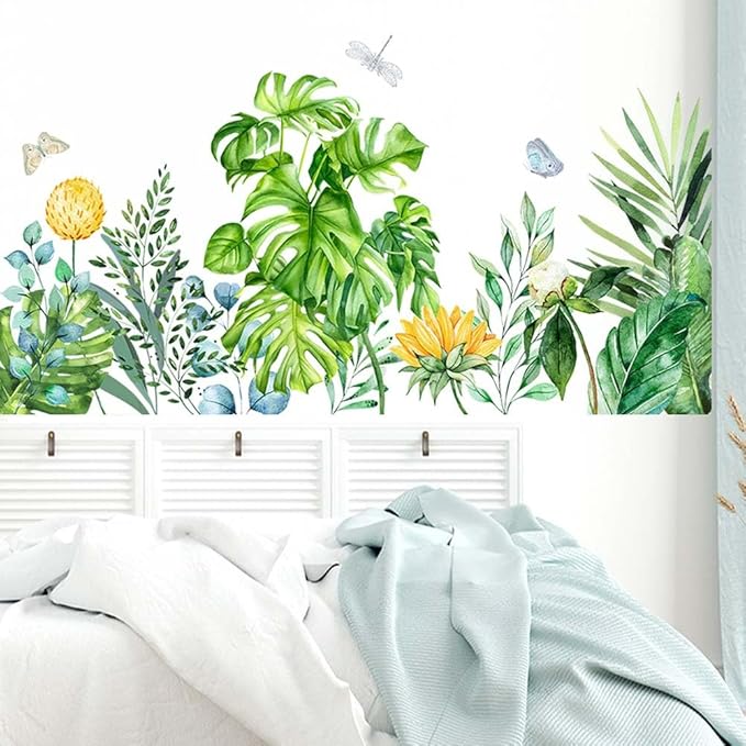 Boho Tropical Plants Wall Decals Peel and Stick Removable Art Wall Murals Natural Jungle Palm Leaf Green Wall Stickers Posters for Bedroom Bathroom Living Room TV Kitchen
