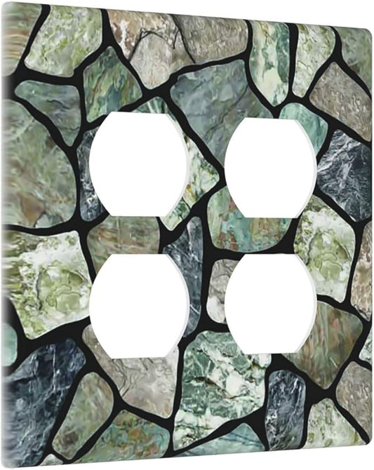 Green Stone Texture Double Outlet Switch Wall Plate Cover Decorative 2-Gang for Electrical Room Bathroom Bedroom Home Kitchen Two Receptacle Polycarbonate Power Gear 4.5" x 2.76"