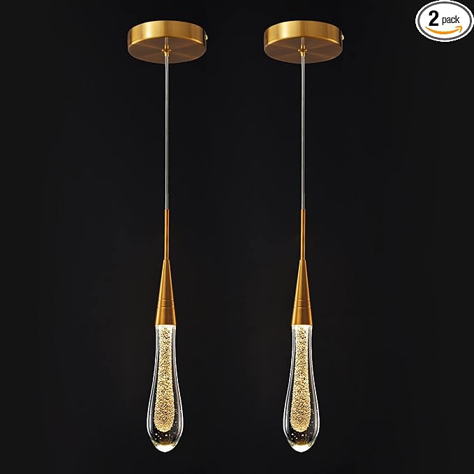 LMQNINE Kitchen Light Fixtures Ceiling Dimmable LED Modern Gold Pendant Light Mini Teardrop Crystal Pendant Light for Kitchen Island Bedroom Hallway Entryway (2-Pack)