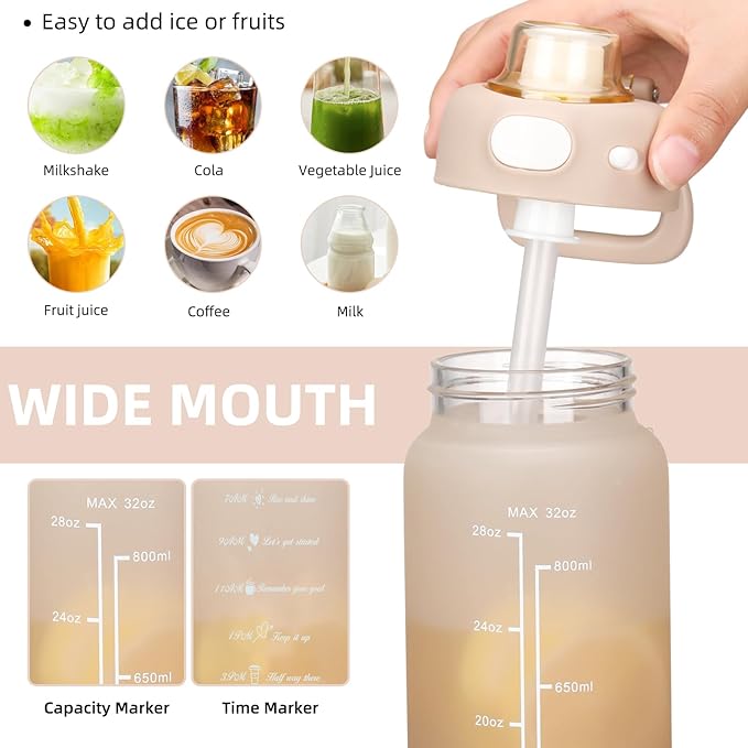 SIEROZUR 32 oz Glass Water Bottle with Straw and Handle Large Sports Motivational Water Bottle with Locking Lid and Time Marker Leakproof Water Jug for Daily Hydration Intake BPA Free