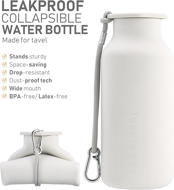Collapsible Water Bottles 20 oz, Leak Proof, BPA Free Foldable Silicone Travel Water Bottle Cups for On The Go, Traveling, Outdoors, Ivory