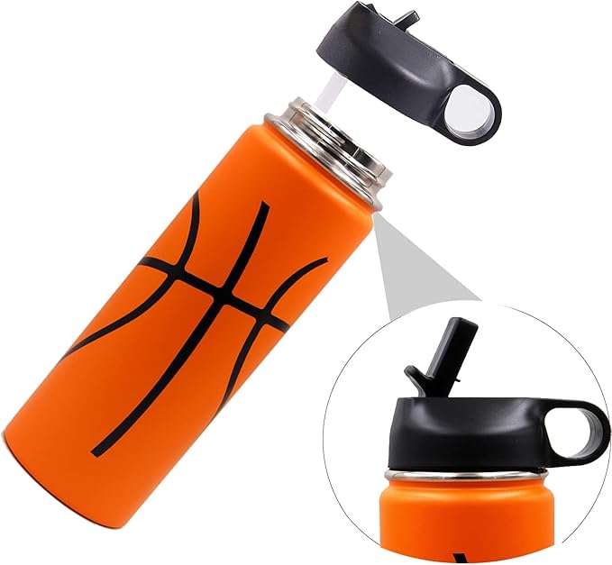 22 oz Basketball Water Bottle, Metal Thermo Bottle with 2 Lids 18/8 Stainless Steel Tumbler Double Wall Vacuum Insulated Flask for Gym, Travel, Sports (22oz, Basketball)