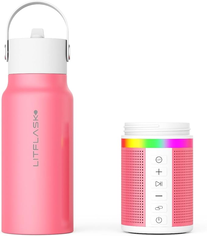 Smart Water Bottle with Premium Bluetooth Speaker, Portable Charger, LED Light, Hands-Free Mic, Insulated Stainless Steel, Straw Lid, BPA-Free, 20oz - Mix & Match Colorways