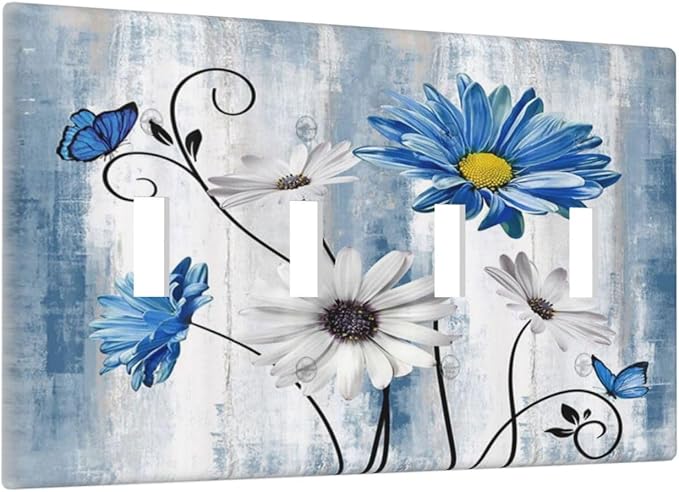 Rustic Teal Blue Daisy Floral Farmhouse Quad Toggle Light Switch Covers 4 Gang Wall Plate Decorative Switchplate Electrical Faceplate for Country Bathroom Bedroom Kitchen Decor