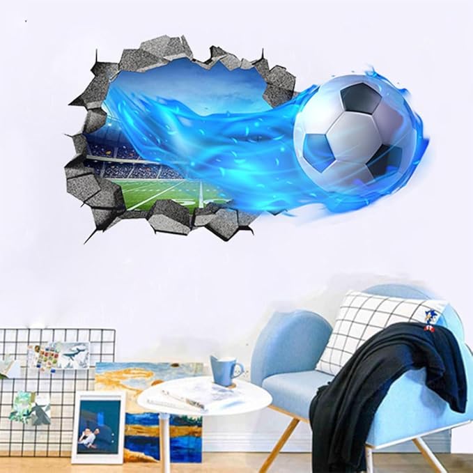 3D Soccer Wall Stickers Removable Soccer Wall Decals for Boys Break Through The Wall Vinyl Football Soccer Wall Stickers Murals Vinyls Decals for Teenager Room Playroom Decor (T0168)