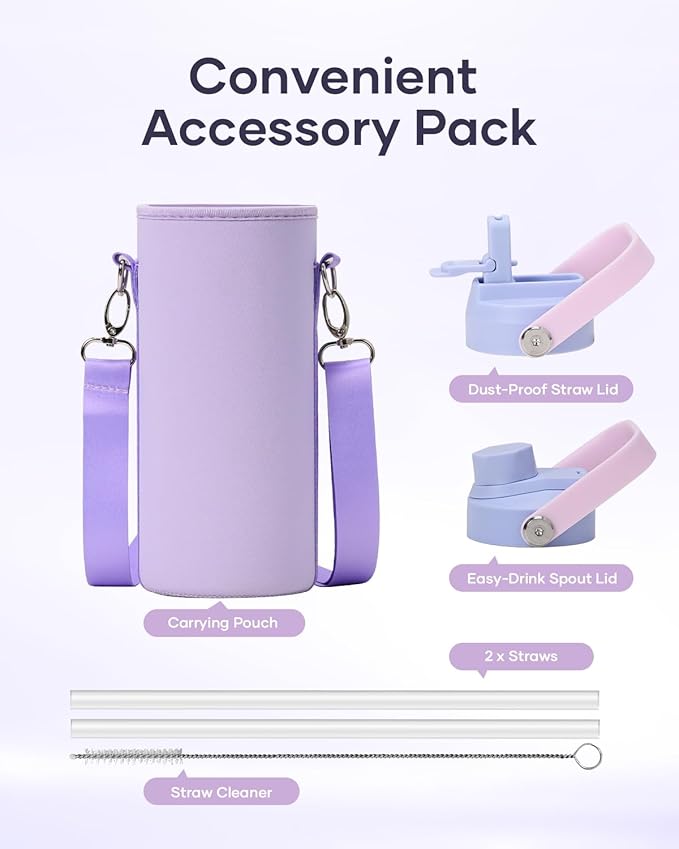 40 oz Insulated Water Bottle with Straw Lid, BUZIO Stainless Steel Water Flask Keep Cold 48h with Carrying Pouch, Lead-Free Double Wall Vacuum Thermo Tumbler Leak Proof Sport Metal Canteen, Purple