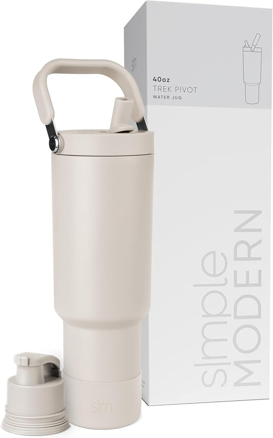 Simple Modern Trek Pivot | 40oz Flip Straw Tumbler with Handle | Water Bottle & Boot | Interchangeable Straw & Chug Lids | Insulated Stainless Steel Jug | Gym Sports Outdoors | Almond Birch
