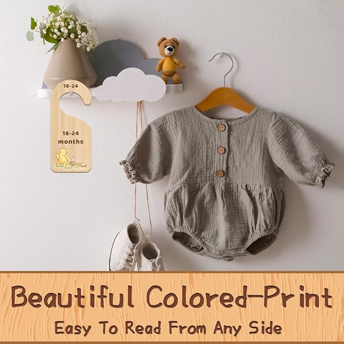 Classic Winnie Baby Closet Dividers, Pooh Bear Double Sided Baby Clothes Organizer for Baby Nursery Decor Wooden Hanger for Newborn Baby Stuff from 0-24+ Months - 8 Pcs