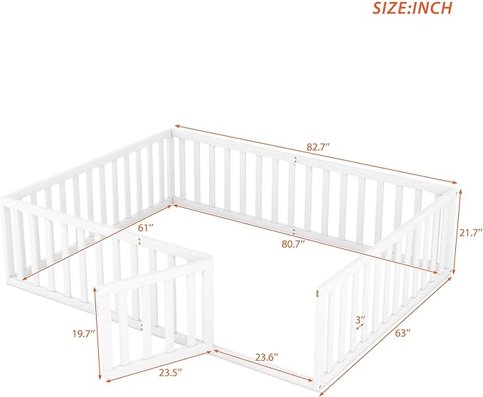 Queen Size Floor Bed with Fence, Solid Wood Floor Bed Frame for Kids with Door, Twin Platform Bed for Boys and Girls Kids Teens, Fun Design, for Children Bedroom