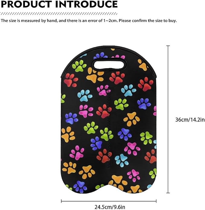 doginthehole Dog Paw Print Wine Carrier Tote 2 Bottle Insulated Wine Tote Cooler Bag Neoprene Wine Bottle Sleeve Portable Wine Gift Bag for Travel Champagne Wine Tasting Party