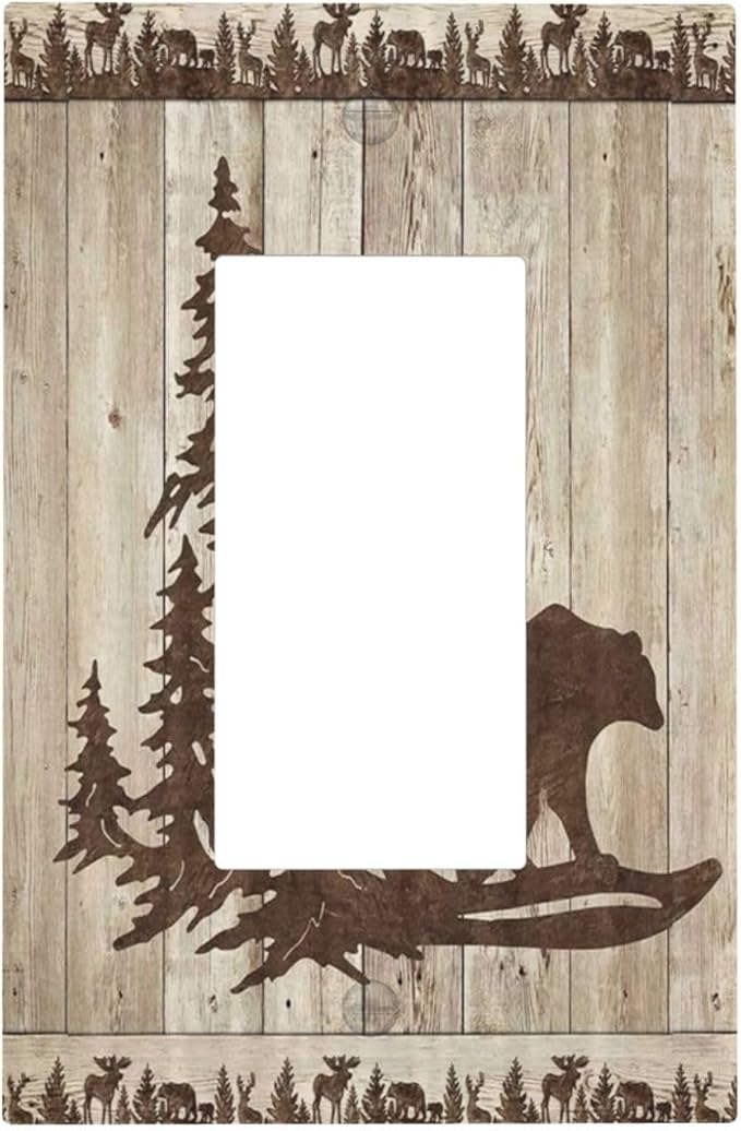 Rustic Wood Bear Forest 1 Gang Rocker Light Switch Plate Vintage Antique Cabin Single Decora Outlet Wall Plate Cover Faceplate Decorative Switchplate GFCI for Farmhouse Bathroom Bedroom Decorate
