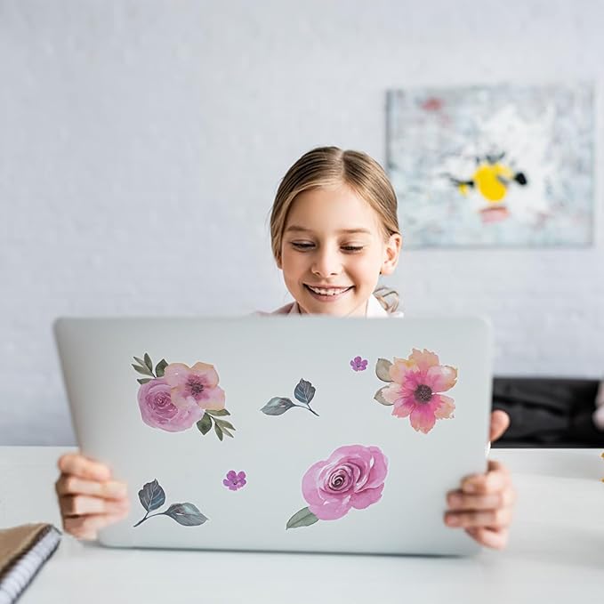 60 Pcs Flower Wall Decals, Watercolor Leaves Wall Stickers Flower Decor for Girls Bedroom Computer Lockers Living Room, 4 Sheets