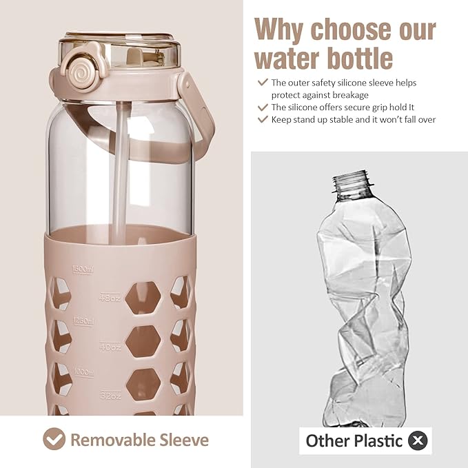 MUKOKO 56oz Glass Water Bottles with Straw and Lid,Motivational Water Jug with Time Marker Reminder and Silicone Sleeve,100% Leakproof BPA Free Fitness Sports Large Bottle-Amber