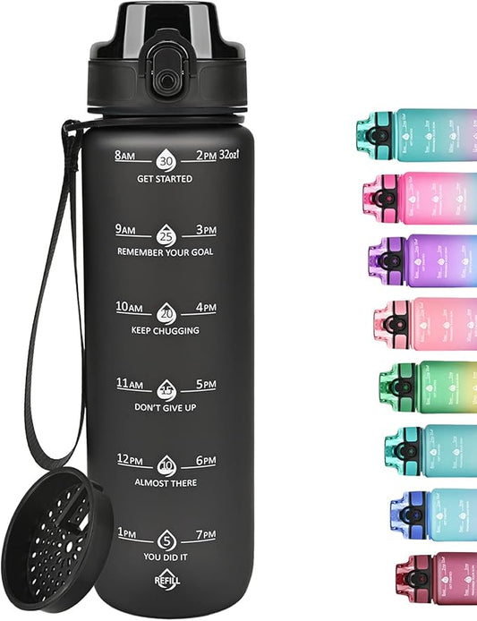 GOSWAG 32oz Motivational Water Bottles with Time Marker and Fruit Strainer, Sports Water Bottle with Times to Drink, Leakproof, Reusable Plastic Bottle with Strap no Straw for Gym, School