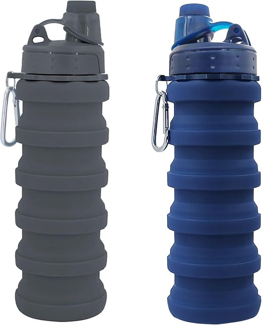 Collapsible Water Bottles Two Pack Travel Sports Portable Sport Water Bottle comes with mountaineering Buckle 500ml silicone Water-proof camping water bottle (Dark blue and Grey Color)
