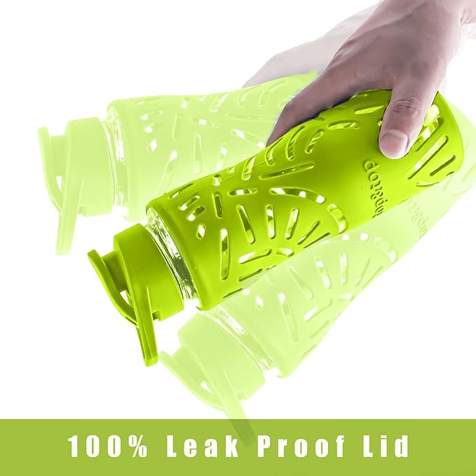 Top&Top 25oz Glass Water Bottles with Straw Cap – Wide Mouth Sports Water Bottles with Protective Silicone Sleeve + 3 Reusable Different Leak-Proof Lids (BPA Free) for Fitness and Outdoor (Yellow)