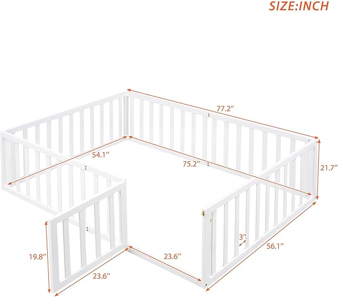 Full Size Floor Bed with Fence, Solid Wood Floor BedFrame for Kids with Door, Twin Platform Bed for Boys and Girls Kids Teens, Fun Design, for Children Bedroom