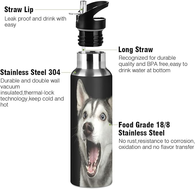 Blueangle 32oz Siberian Husky Dog Water Bottle, BPA Free Stainless Steel Water Bottle Leak-Proof Sports Bottle for Camping Workouts Gym and Outdoor Activity