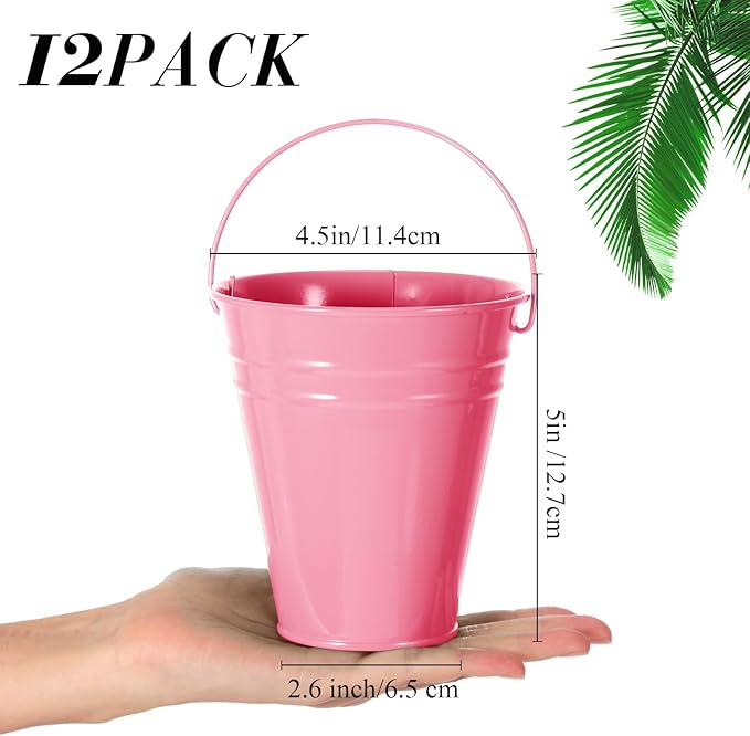 Sadnyy 12 Pack Metal Buckets with Handle, Galvanized Bucket 4.5 x 5 Inch Basket Bucket for Kids, Kids Party Supplies, Crafts for Christmas Halloween Christmas Candy Bars Vase Crafts(Pink)