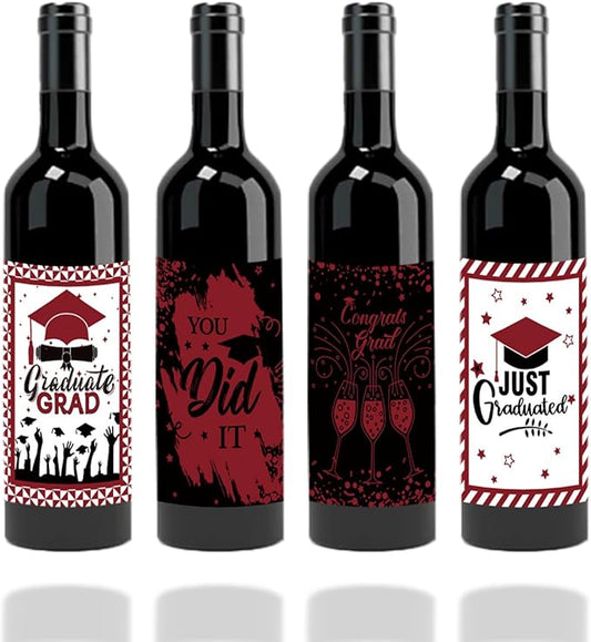 24Pcs Graduation Gift Wine Labels Congrats Grad Wine Bottle Stickers Graduation Party Waterproof Wine Bottle Decoration Cover for College Congrats Graduation Party Decorations, 4 Design