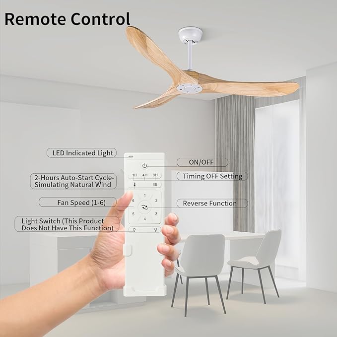 Bigzone 52" Modern Ceiling Fan No Light, DC Motor Energy Saving, 3 Solid Wood Blades, Outdoor Ceiling Fan With Remote Control，Reversible Blades