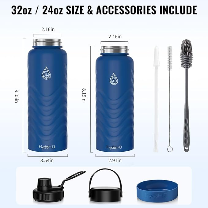 24 oz Insulated Water Bottle - Blue Water Bottle with Straw (Straw Lid & Spout Lid) & Silicone Handle & Boot - Wide Mouth Stainless Steel Water Bottles - BPA Free - (Blue, 750ml)