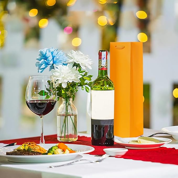 KEYYOOMY Wine Gift Bags - 10 Pack Orange Kraft Paper Wine Bottle Gift Bags with Handles for Wedding Birthday Housewarming Christmas Party Supplies(10CT, 13.8x4.3x3.5 IN, Orange)