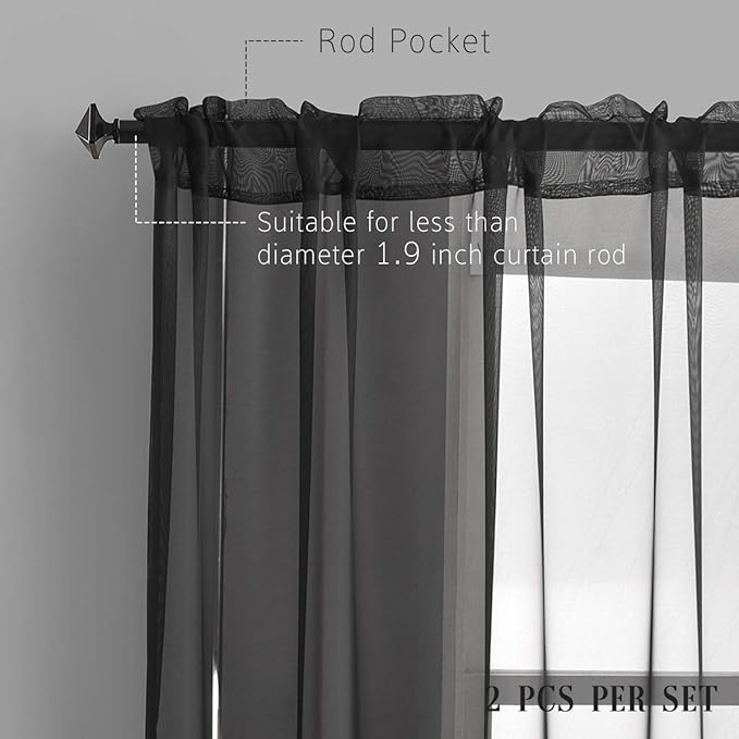 Black Sheer Curtains 84 Inches Long 2 Panels for Bedroom Living Room Rod Pocket Light Filtering Black Curtains Drapes 52x84