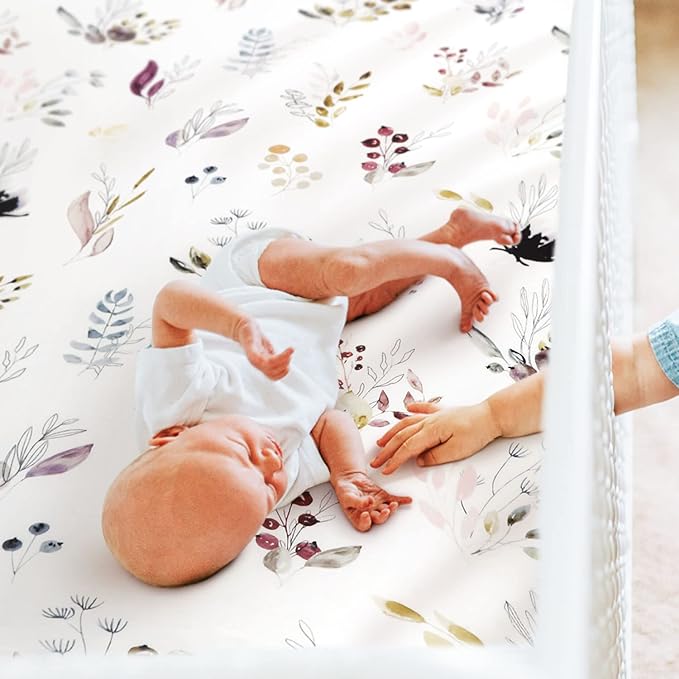 GRSSDER Stretchy Ultra Soft Jersey Knit Fitted Crib Sheets Set 2 Pack，Fits All Standard Crib Mattress Pads Safe and Snug, Pretty Purple Flora Botanical for Baby Girls