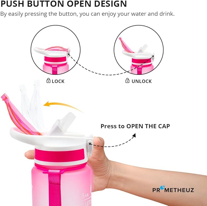 PROMETHEUZ Sports Water Intake Reminder Bottle with Time Marker and Straw, Leakproof Tritan BPA-Free, Fast Flow, Dark Pink Purple Mint, 32 oz