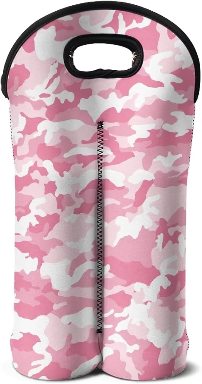 doginthehole 2 Bottle Insulated Wine Cooler Bag Camo Design Wine Carrier Tote Bag Pink Wine Bag Neoprene Champagne Bottle Protector Sleeve for Travel, Picnic, Party for Women Men Wine Lovers