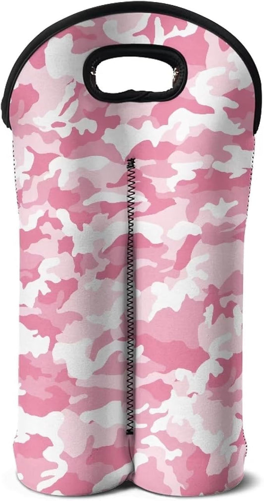 doginthehole 2 Bottle Insulated Wine Cooler Bag Camo Design Wine Carrier Tote Bag Pink Wine Bag Neoprene Champagne Bottle Protector Sleeve for Travel, Picnic, Party for Women Men Wine Lovers