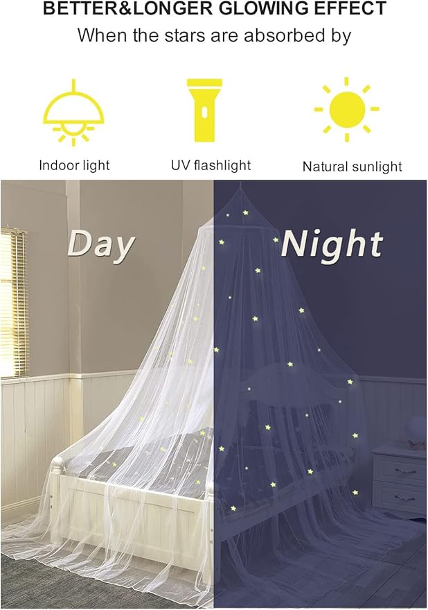 Bed Canopy Stars Romantic Bed Curtain Luminous Mosquito Net for Baby, Girl, for Twin or Single Bed (White)
