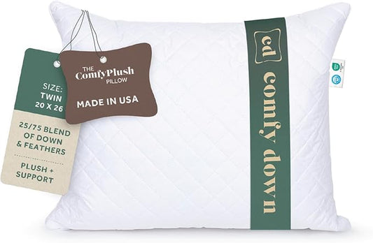 ComfyDown Premium Feather and Down ComfyPlush Supportive Bed Pillow for Sleeping, Luxury Diemend Quilted Cotton Cover, Made in USA, Twin Size, Medium Firm (Twin = 20X28)