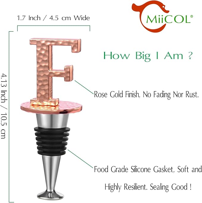 Miicol Wine Stopper, Prosecco Stopper, Wine Bottle Stopper, Personalised Champagne Stopper, Rose Gold Wine Accessories, Wine Lovers Gift, Monogram Gift, Letter F