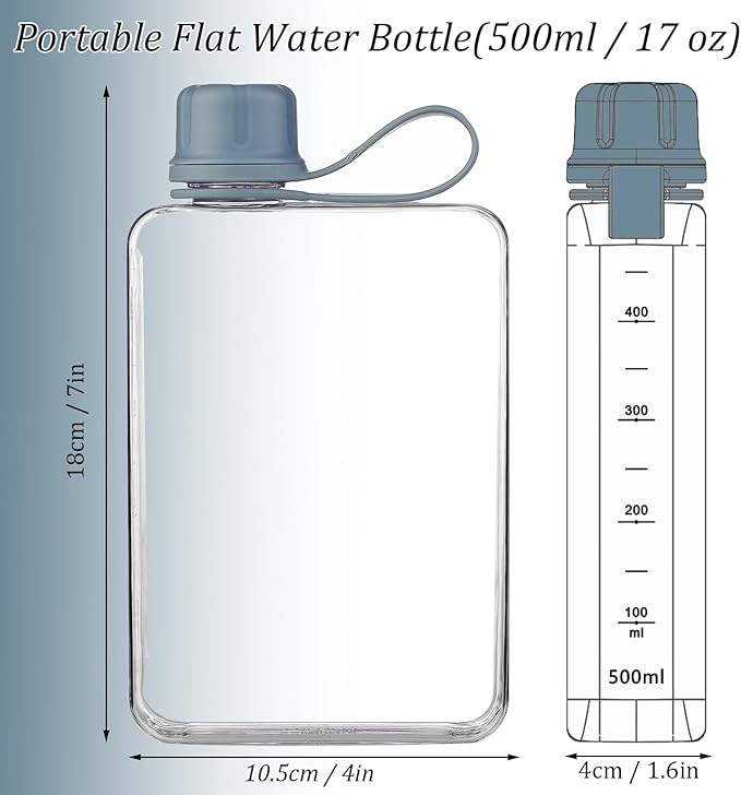 Tritan Transparent Flat Water Bottle samll Water Bottle Slim Square Pocket Bottle Water Flask, BPA Free/Slim Design/Leak Proof Water Bottle for Travel, Outdoor, Sports (Light Blue, 500ML)
