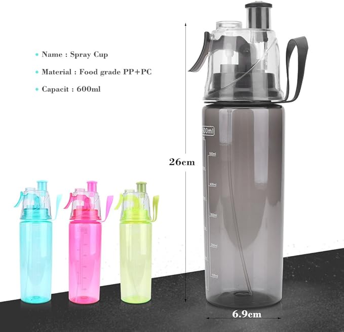 Vbestlife Mist Spray Water Bottle 600ml Portable Sport Water Bottle Anti Leak Drinking Cup with Mist Hydration (Black)