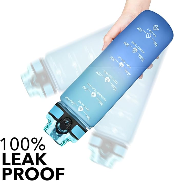 GOSWAG Water Bottles, 32 oz Motivational Sports Water Bottle with Straw and Time Marker to Remind You to Drink, Comes with Carry Strap, Leakproof