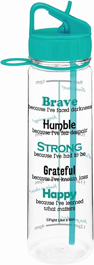 Fight Like a Girl Brave SlimKim 30 oz Motivational Water Bottle with Time Marker & Straw for Ovarian Cancer, PCOS, PTSD Awareness - Reusable Clear Water Bottle for Workout, Gym, Travel - Teal
